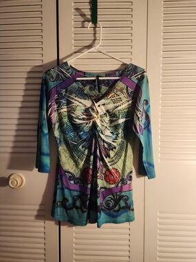 Women's Multicolor Printed Twist-Front Top, (M), Brand Not Legible